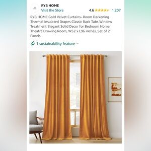 Warm Gold RYB Home Velvet Curtains 96”x52”